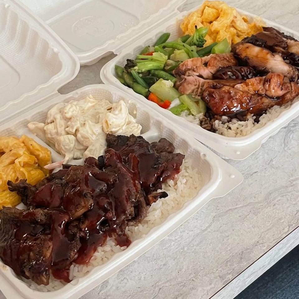 Two takeout containers hold rice topped with glazed meat, macaroni salad, fried noodles, and mixed vegetables.