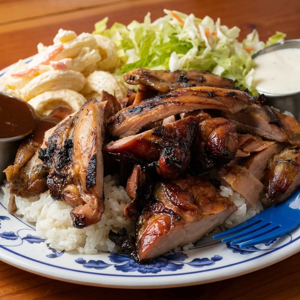 Plate of grilled chicken and ribs over rice with coleslaw, salad, and cups of brown gravy and creamy sauce.