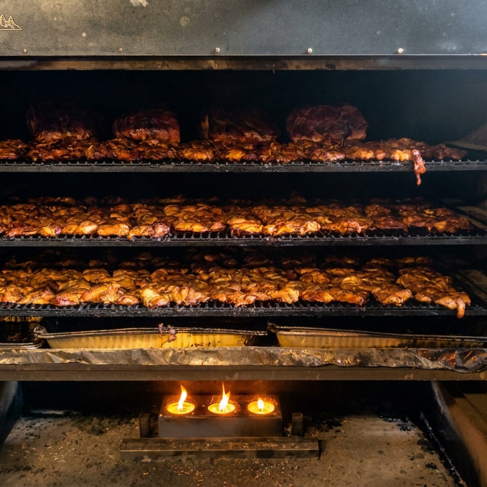 Open Traeger smoker filled with racks of glazed barbecue meat cooking over flames.