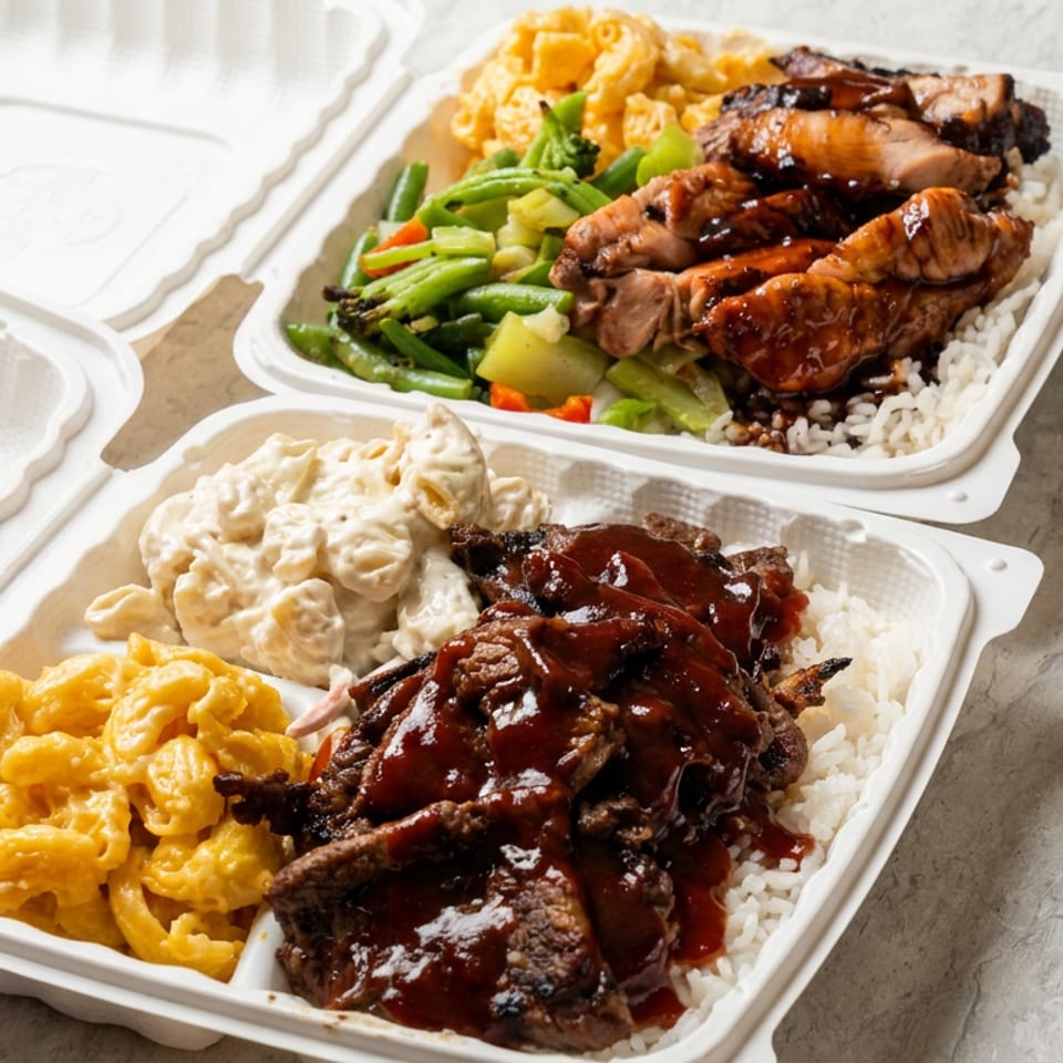 Two takeout plates feature glazed grilled meats, white rice, macaroni salad, macaroni and cheese, and mixed vegetables.