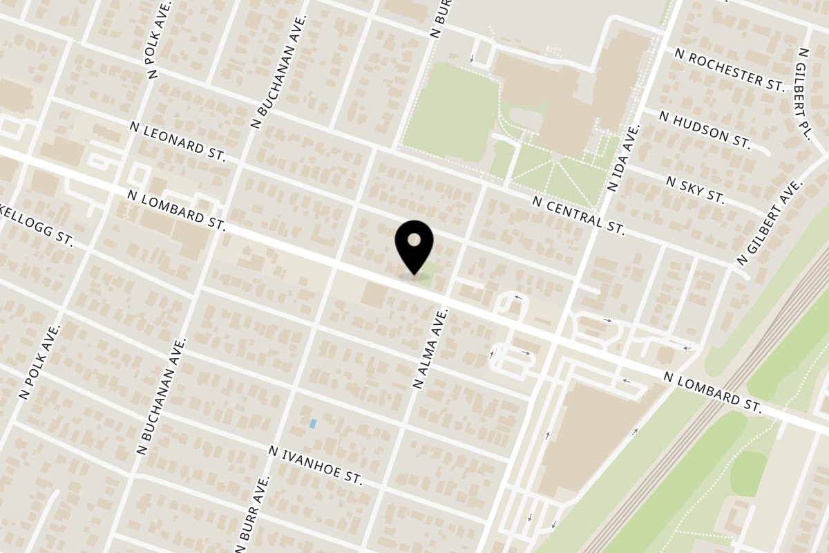 Map showing the location of Big Kahunas BBQ on 7123 N Lombard St in Portland